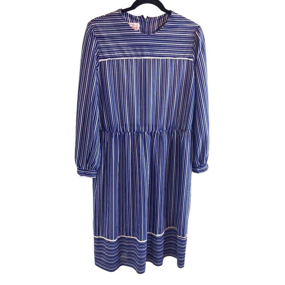 Vintage 1970s Dress It's a Lehigh Blue Stripe Chiffon Peasant Cottagecore Medium